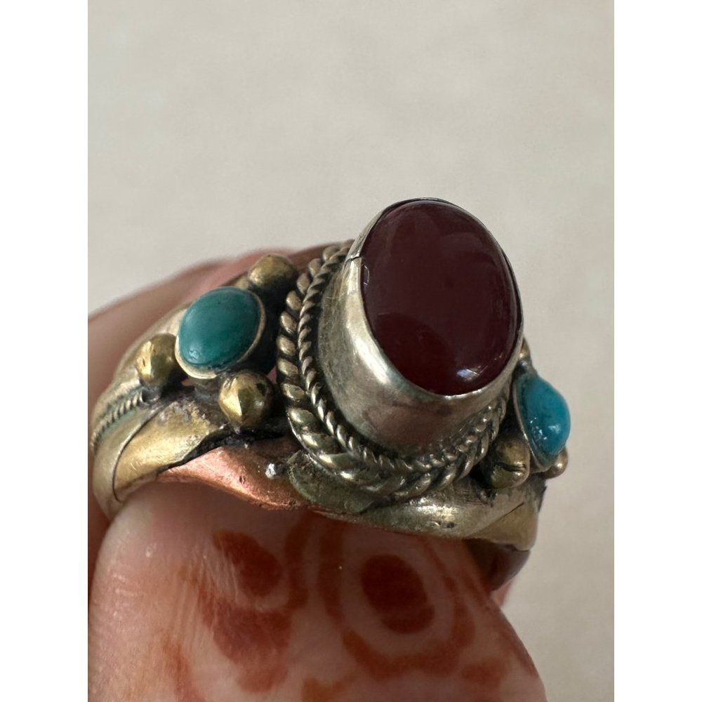 Tibetan twisted mixed metals red carnelian turquoise polished cabochons ring - Picture 6 of 9